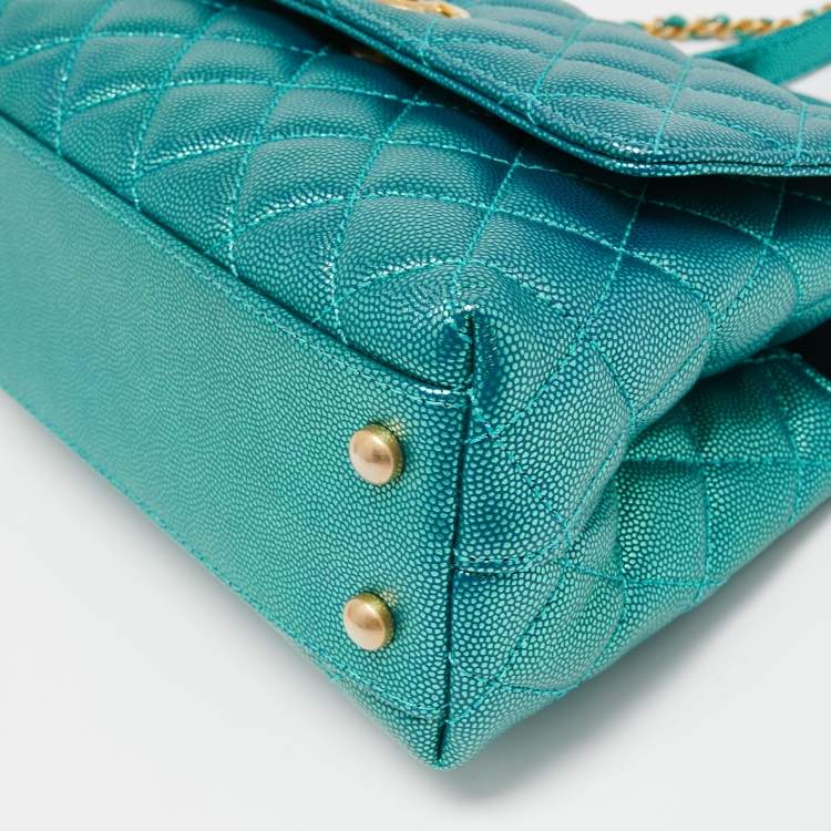 Pre Owned Chanel Metallic Green Quilted Caviar Leather Small Coco Top Handle Bag