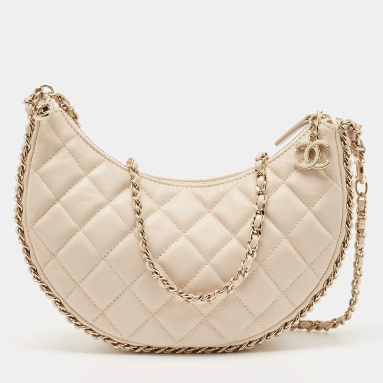 Chanel Light Beige Quilted Leather Chain Around Shoulder Bag Chanel