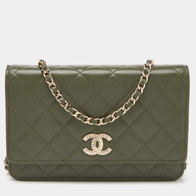 Chanel Green Quilted Caviar Leather Chain CC Wallet on Chain