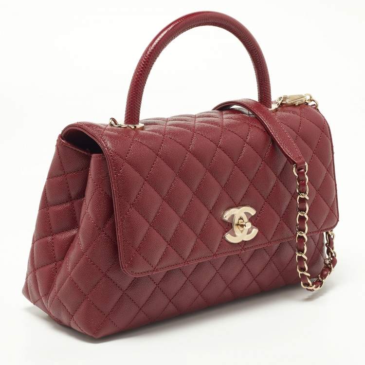 Pre Owned Chanel Red Caviar Leather and Lizard Embossed Leather Medium Coco Top Handle Bag