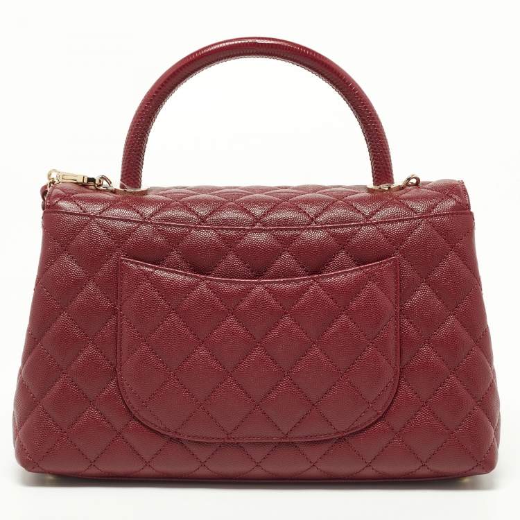 Pre Owned Chanel Red Caviar Leather and Lizard Embossed Leather Medium Coco Top Handle Bag