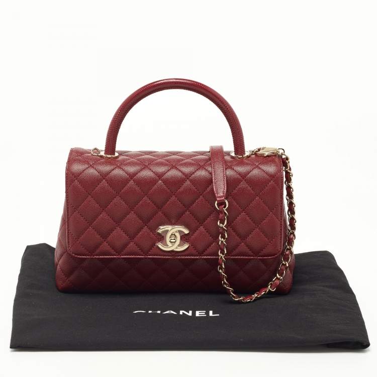 Pre Owned Chanel Red Caviar Leather and Lizard Embossed Leather Medium Coco Top Handle Bag