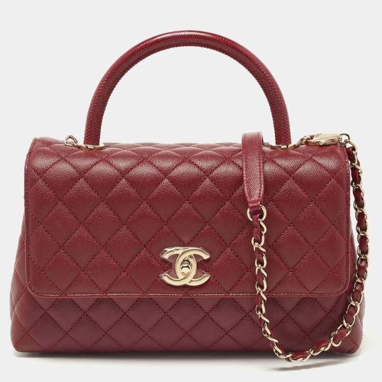 Chanel Red Caviar Leather and Lizard Embossed Leather Medium Coco Top Handle Bag