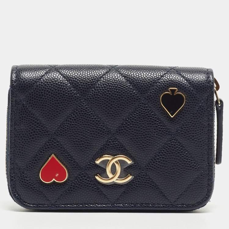 Chanel Navy Blue Quilted Caviar Leather Playing Card Charms CC Zip Coin Purse