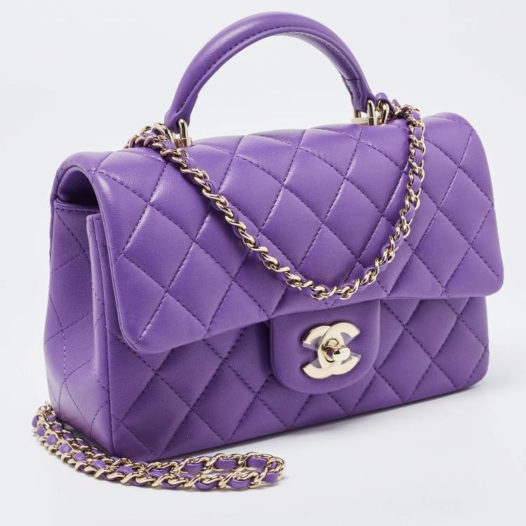 Pre Owned Chanel Purple Quilted Leather Mini Classic Top Handle Bag