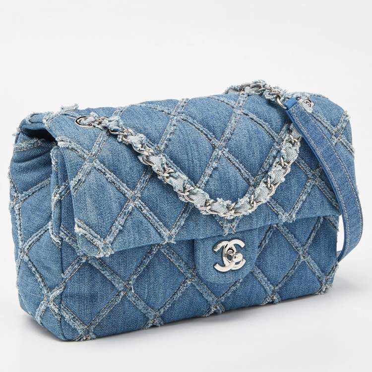 Pre Owned Chanel Blue Distressed Quilted Denim Medium Single Flap Bag