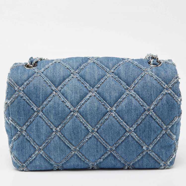 Pre Owned Chanel Blue Distressed Quilted Denim Medium Single Flap Bag