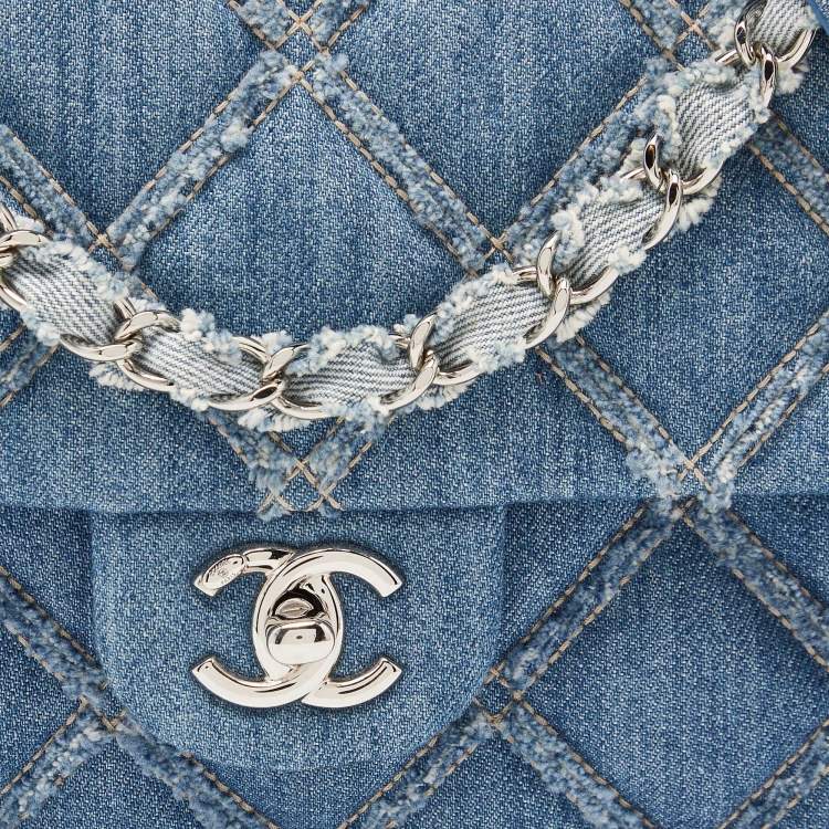 Pre Owned Chanel Blue Distressed Quilted Denim Medium Single Flap Bag