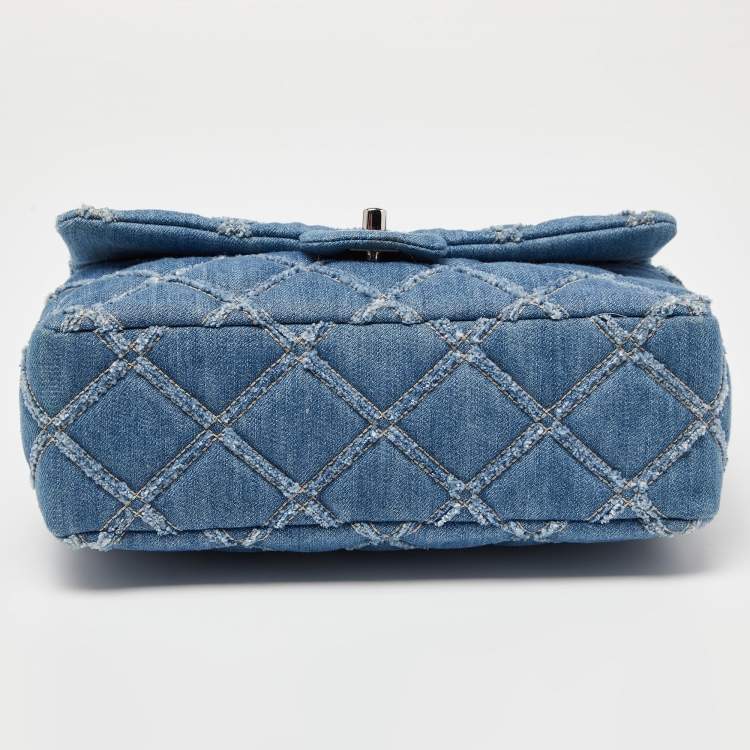 Pre Owned Chanel Blue Distressed Quilted Denim Medium Single Flap Bag