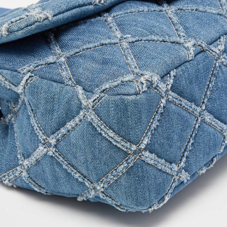 Pre Owned Chanel Blue Distressed Quilted Denim Medium Single Flap Bag