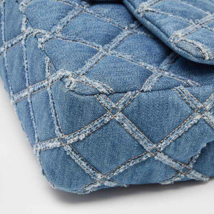Pre Owned Chanel Blue Distressed Quilted Denim Medium Single Flap Bag