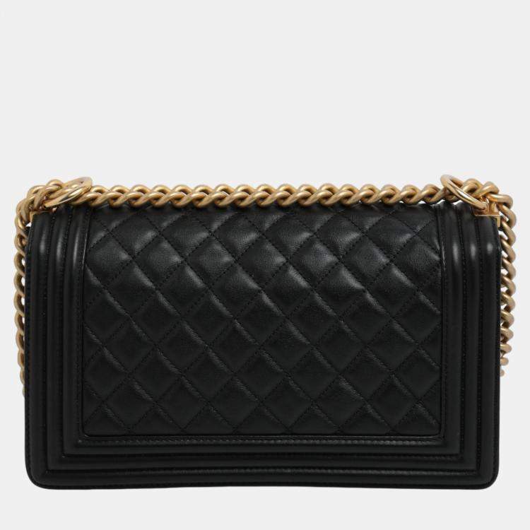 Pre Owned Chanel Black Calf Leather Quilted Medium Boy Shoulder Bags