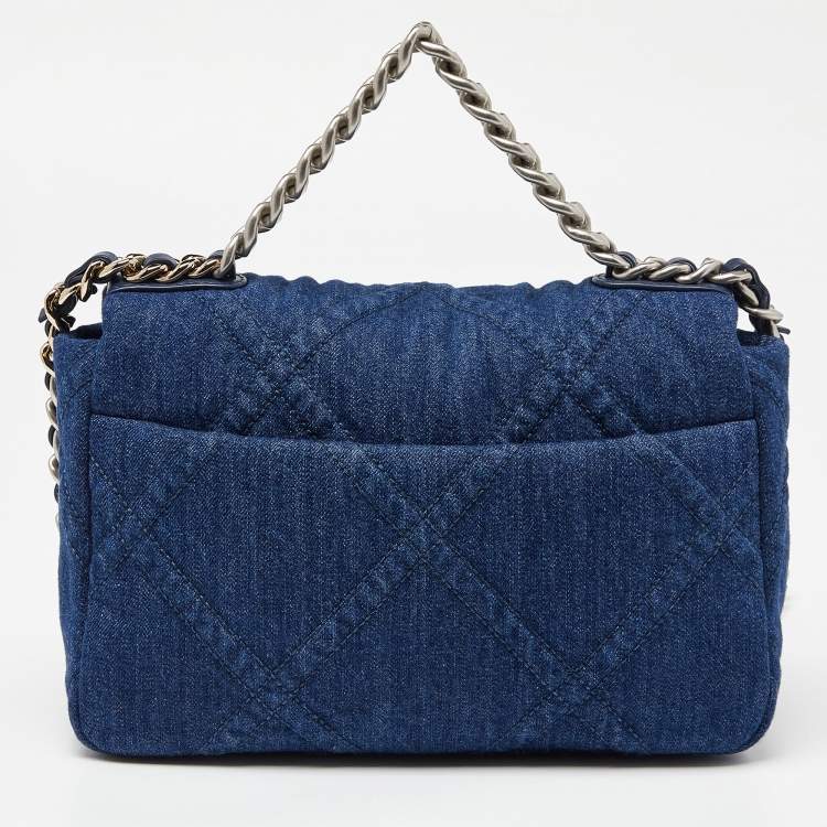 Pre Owned Chanel Blue Quilted Denim Medium 19 Flap Bag