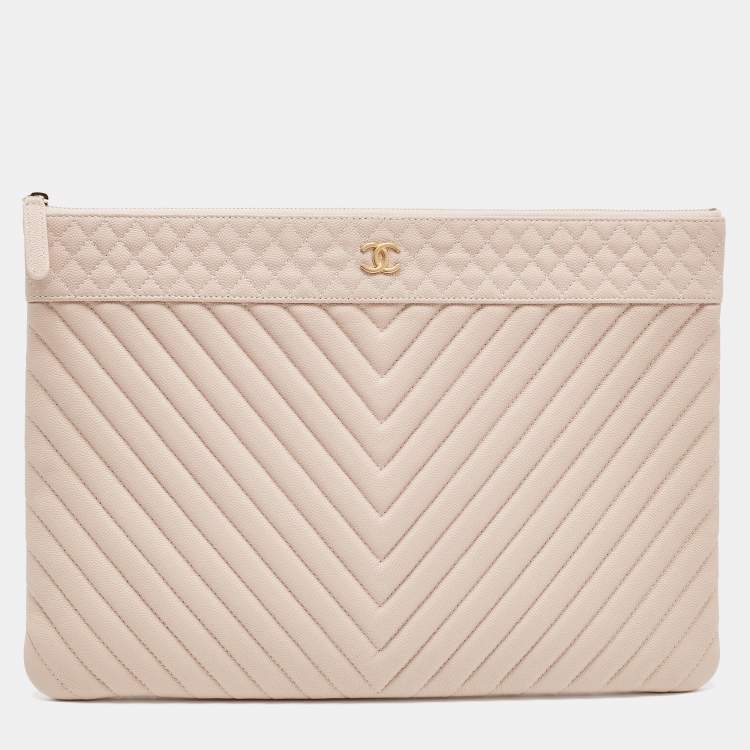Chanel Blush Pink Chevron Caviar Leather Large O-Case Zip Pouch Chanel