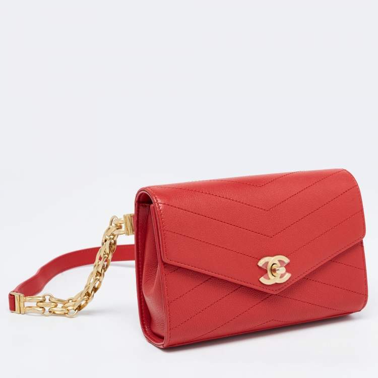 Pre Owned Chanel Red Chevron Leather Coco Waist Belt Bag