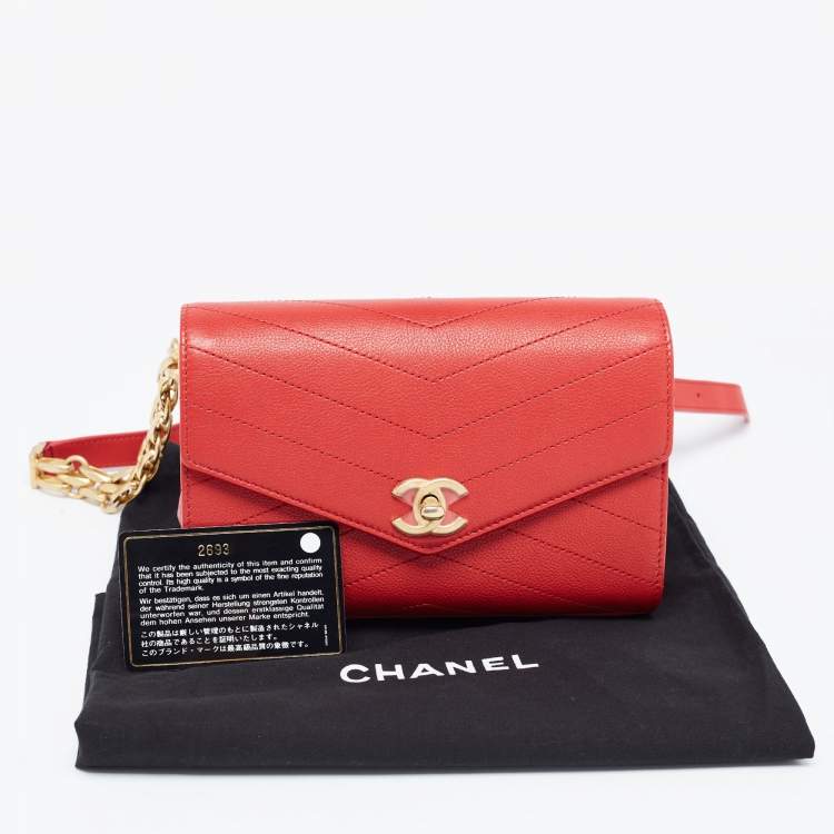 Pre Owned Chanel Red Chevron Leather Coco Waist Belt Bag