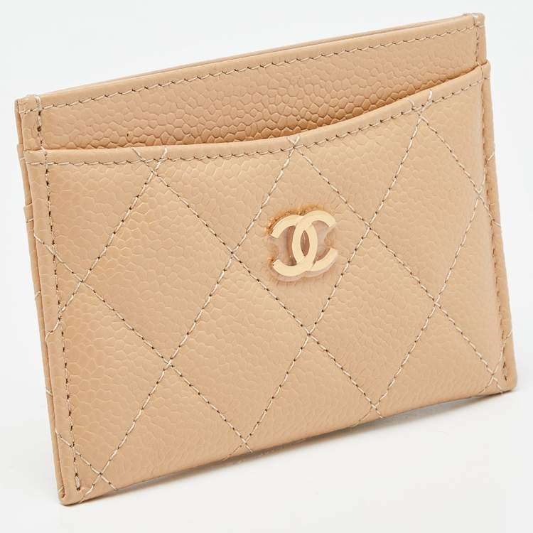 Pre Owned Chanel Beige Quilted Caviar Leather CC Logo Card Holder 