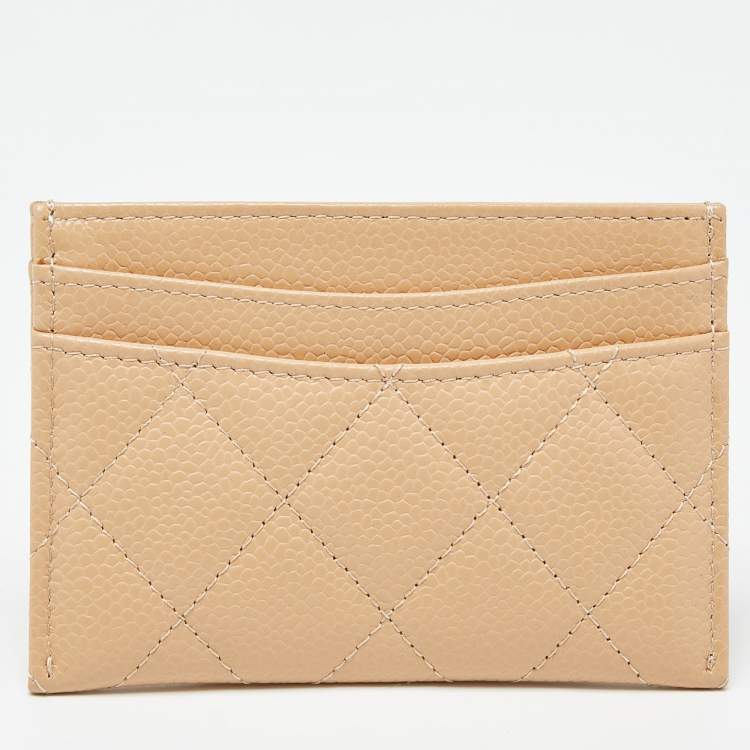 Pre Owned Chanel Beige Quilted Caviar Leather CC Logo Card Holder 