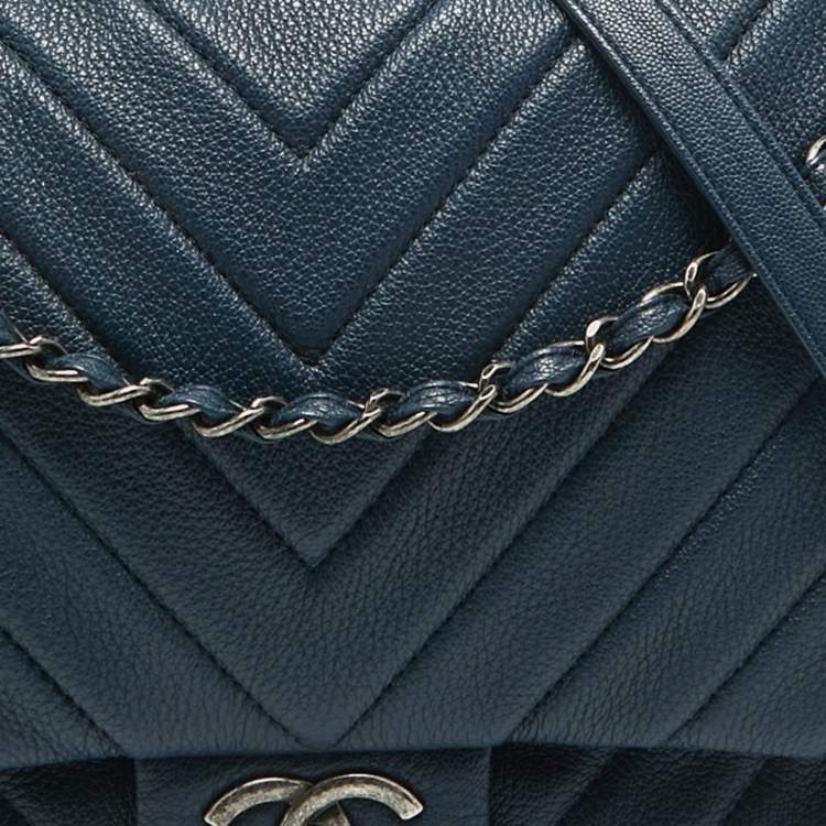 Pre Owned Chanel Blue Chevron Leather XXL Travel Flap Bag 