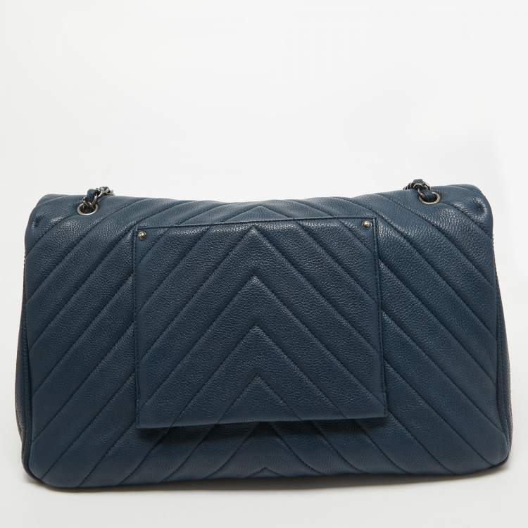 Pre Owned Chanel Blue Chevron Leather XXL Travel Flap Bag 
