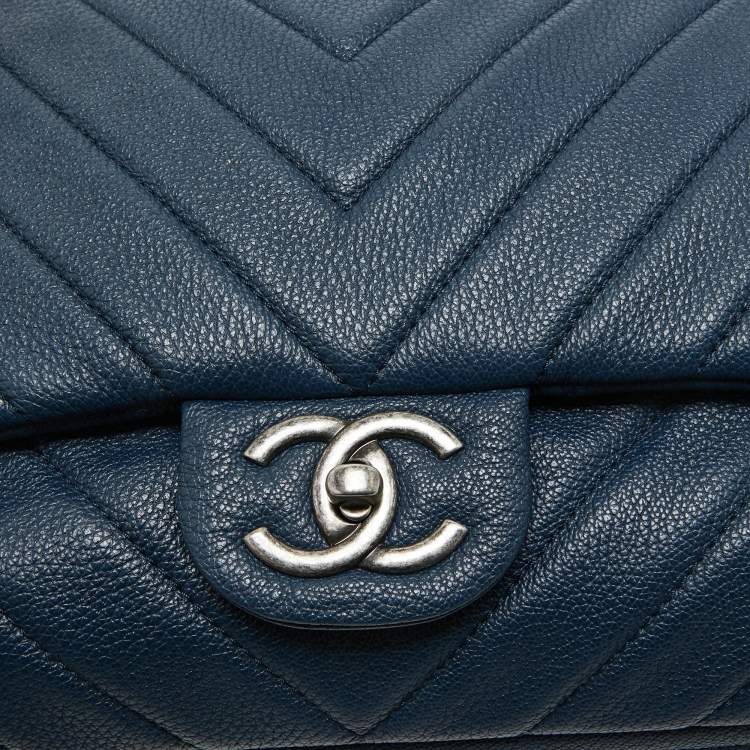 Pre Owned Chanel Blue Chevron Leather XXL Travel Flap Bag 