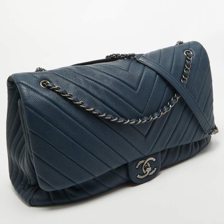 Pre Owned Chanel Blue Chevron Leather XXL Travel Flap Bag 