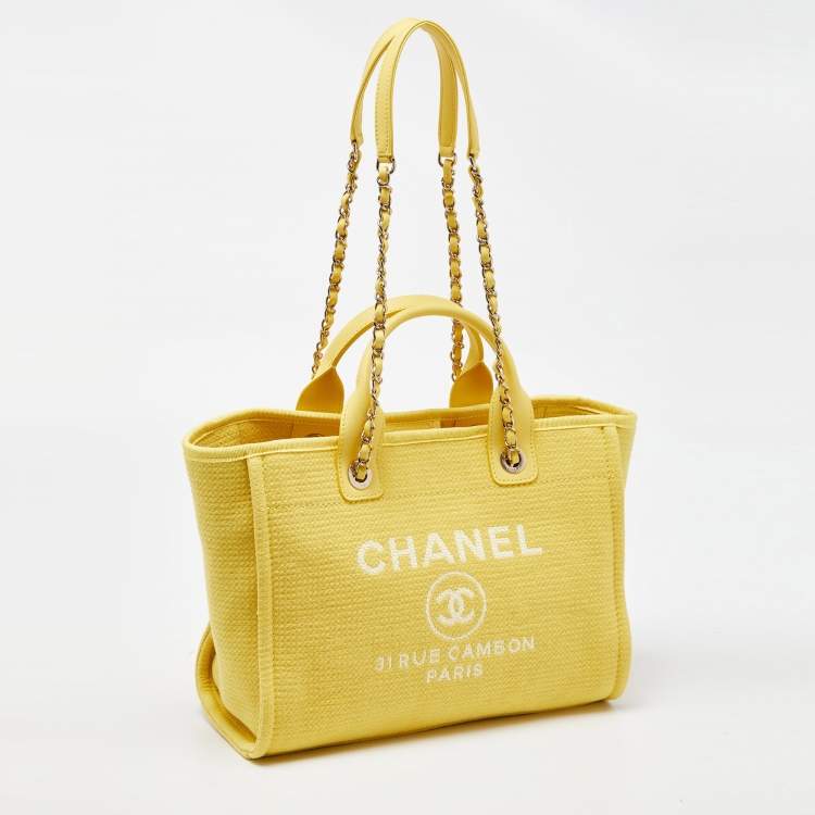Pre Owned Chanel Yellow Canvas and Leather Small Deauville Shopper Tote