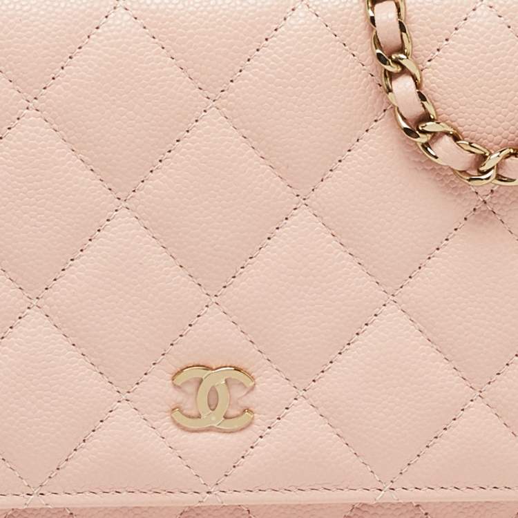 Pre Owned Chanel Peach Quilted Caviar Leather CC Flap Wallet on Chain