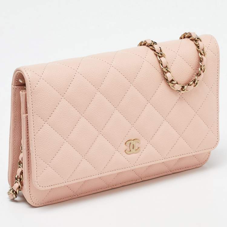 Pre Owned Chanel Peach Quilted Caviar Leather CC Flap Wallet on Chain