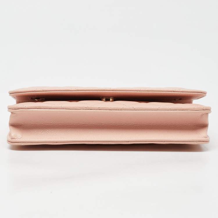 Pre Owned Chanel Peach Quilted Caviar Leather CC Flap Wallet on Chain