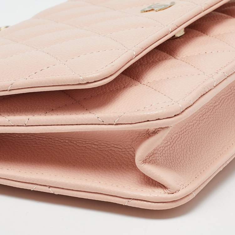 Pre Owned Chanel Peach Quilted Caviar Leather CC Flap Wallet on Chain