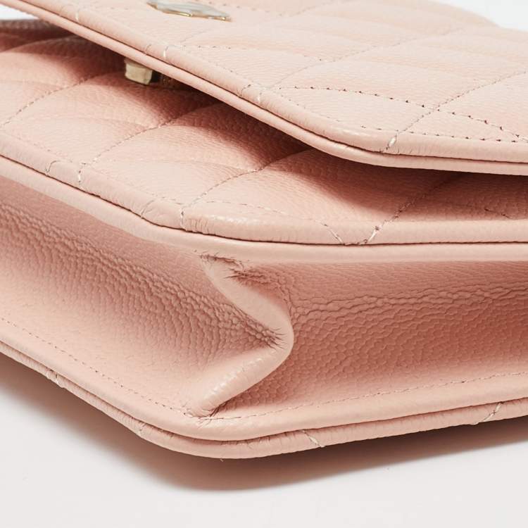 Pre Owned Chanel Peach Quilted Caviar Leather CC Flap Wallet on Chain