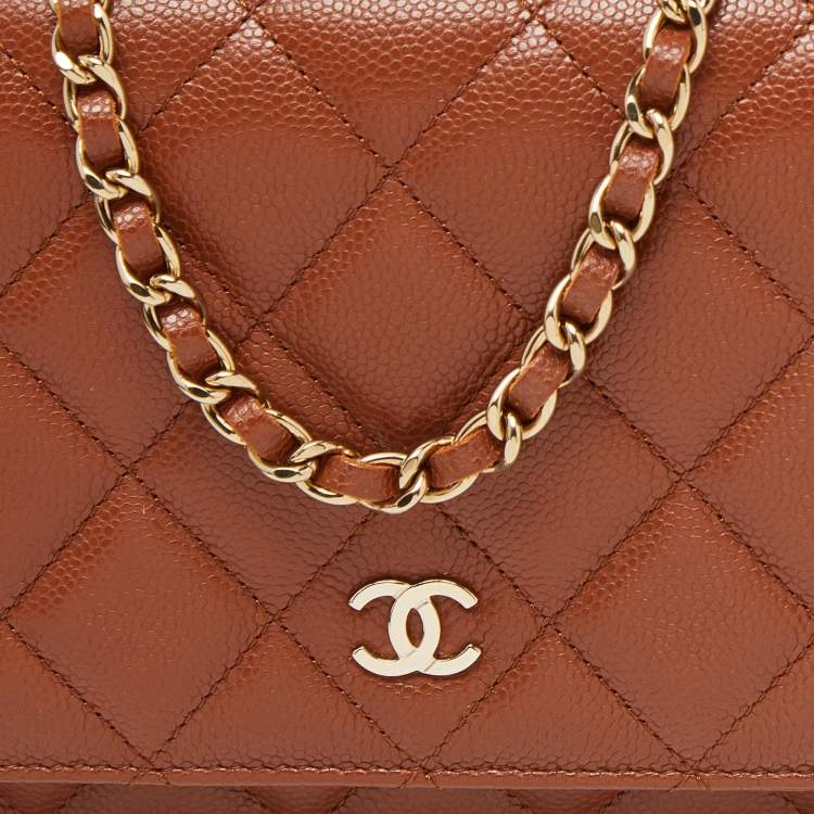 Pre Owned Chanel Brown Quilted Caviar Leather Classic Wallet on Chain