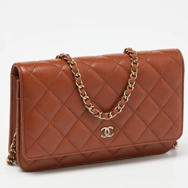 Pre Owned Chanel Brown Quilted Caviar Leather Classic Wallet on Chain