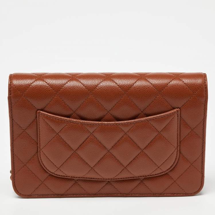 Pre Owned Chanel Brown Quilted Caviar Leather Classic Wallet on Chain