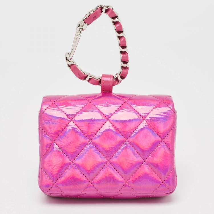 Pre Owned Chanel Pink Iridescent Quilted Patent Leather CC Hook Card Holder