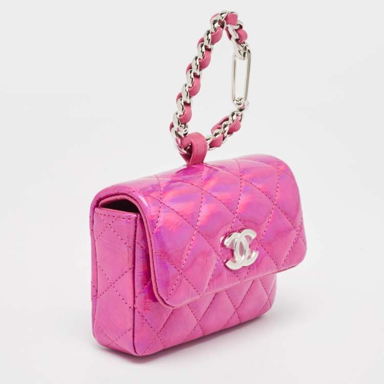 Pre Owned Chanel Pink Iridescent Quilted Patent Leather CC Hook Card Holder