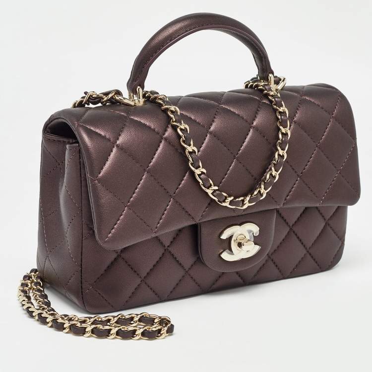 Pre Owned Chanel Burgundy Iridescent Quilted Leather Mini Rectangular Flap Top Handle Bag