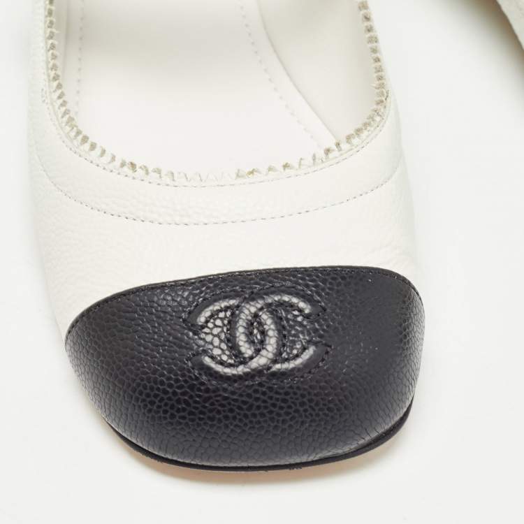 Pre Owned Chanel White/Black Leather CC Mary Jane Flats Size 36