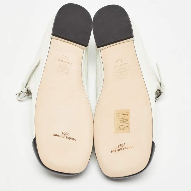 Pre Owned Chanel White/Black Leather CC Mary Jane Flats Size 36