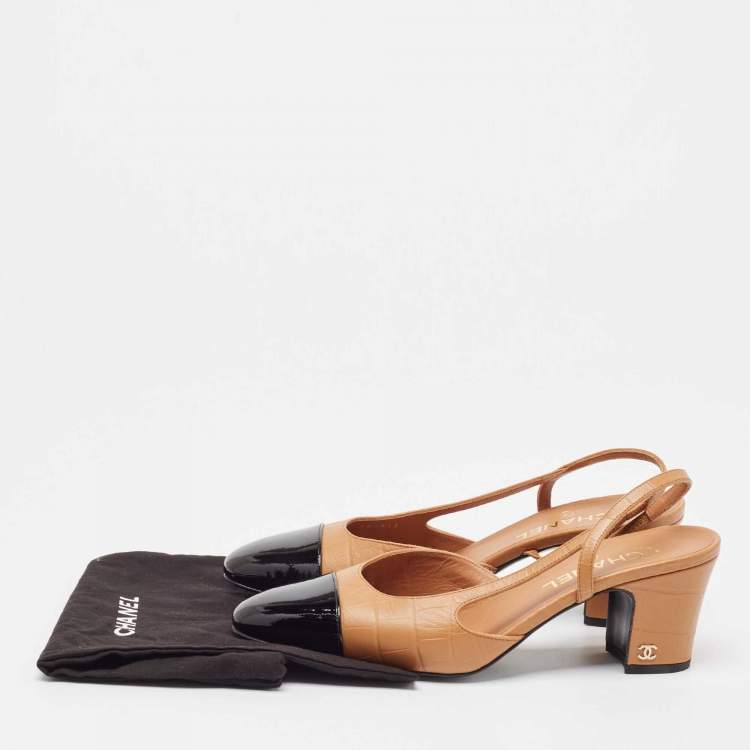 Pre Owned Chanel Brown/Black Leather and Croc Embossed CC  Slingback Pumps Size 39.5