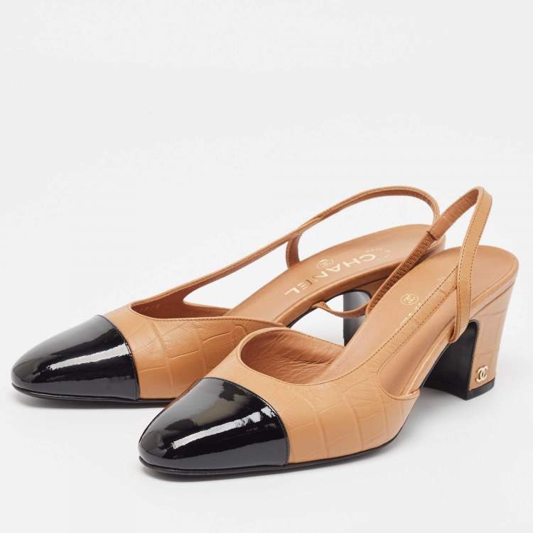 Chanel Brown/Black Leather and Croc Embossed CC Slingback Pumps
