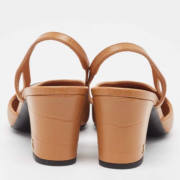 Pre Owned Chanel Brown/Black Leather and Croc Embossed CC  Slingback Pumps Size 39.5
