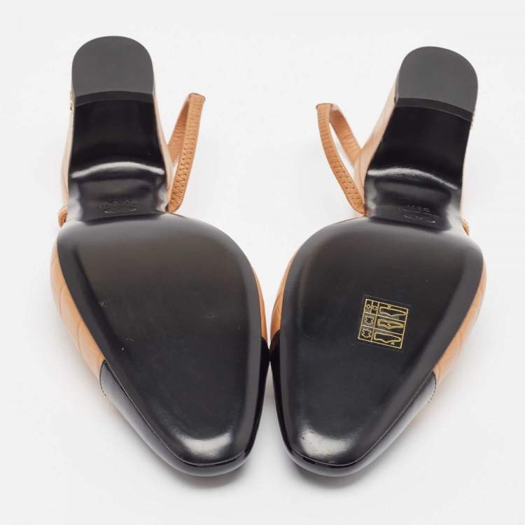 Pre Owned Chanel Brown/Black Leather and Croc Embossed CC  Slingback Pumps Size 39.5