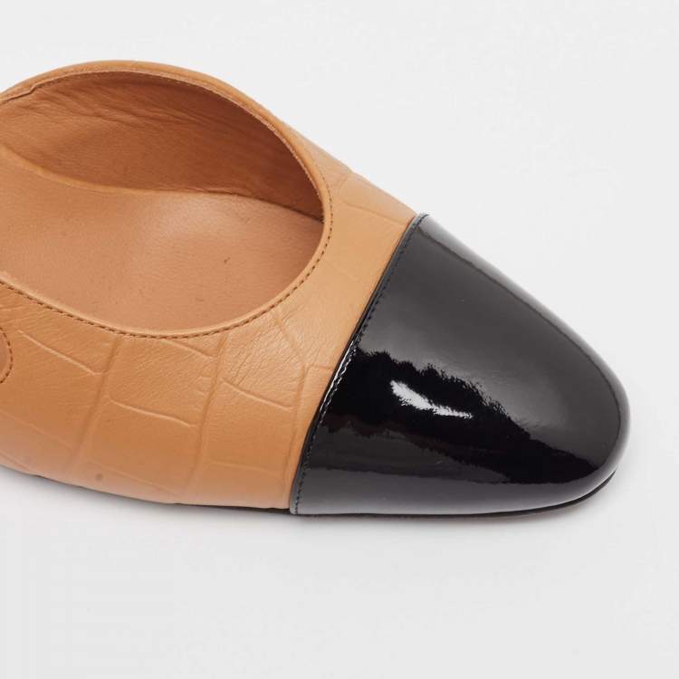 Pre Owned Chanel Brown/Black Leather and Croc Embossed CC  Slingback Pumps Size 39.5