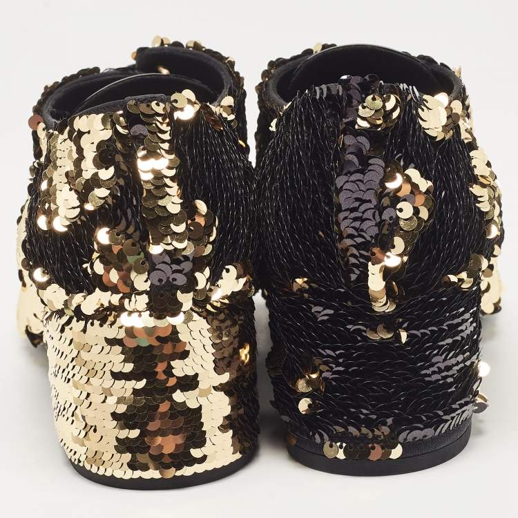 Pre Owned Chanel Gold/Black Sequins and Patent Leather CC Cap Toe Oxfords Size 38