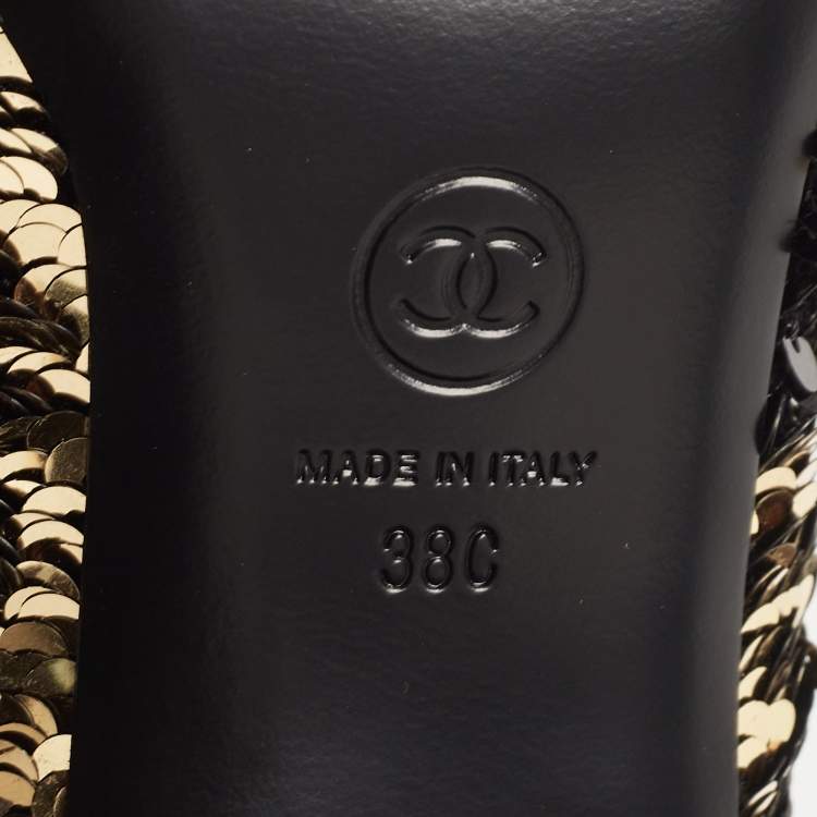 Pre Owned Chanel Gold/Black Sequins and Patent Leather CC Cap Toe Oxfords Size 38