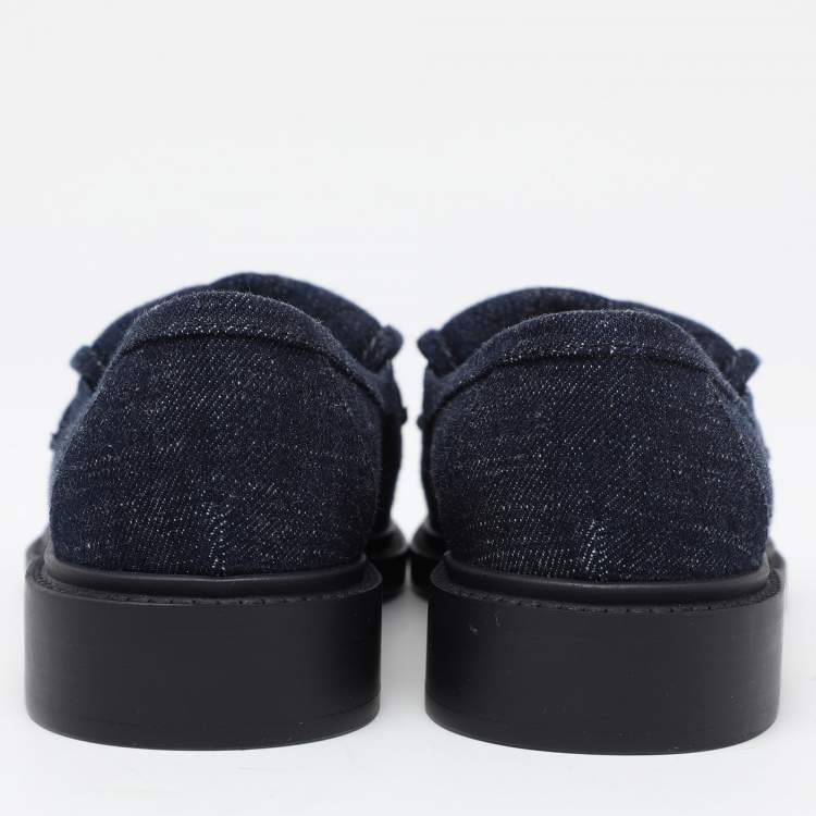 Pre Owned Chanel Navy Blue Denim CC Turnlock Loafers Size 36
