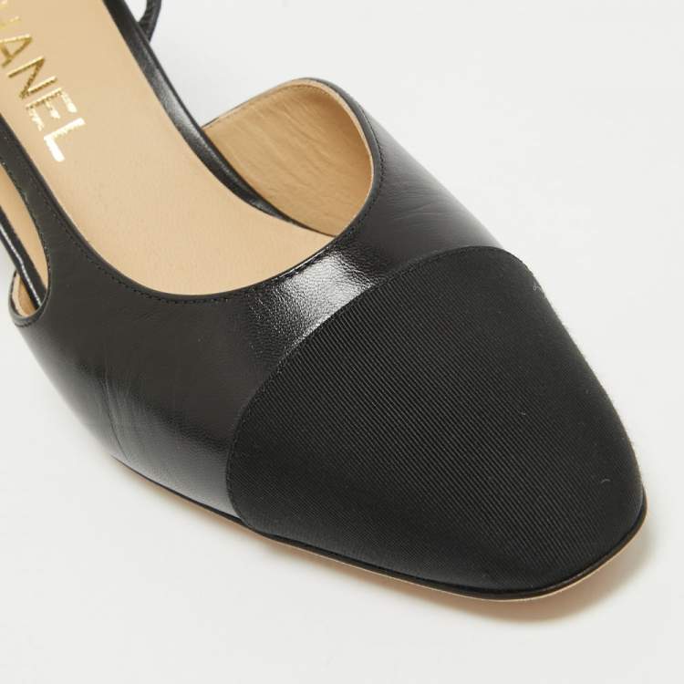 Pre Owned Chanel Black Leather and Fabric Cap Toe CC Slingback Pumps Size 39