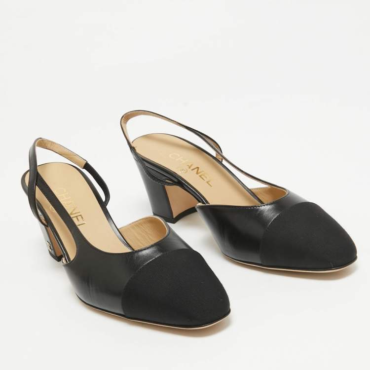 Pre Owned Chanel Black Leather and Fabric Cap Toe CC Slingback Pumps Size 39